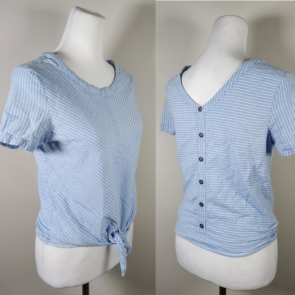 OBJECT Chambray Shirt Womens Small 34 Pin Stripe Tie Front Button Back Preppy